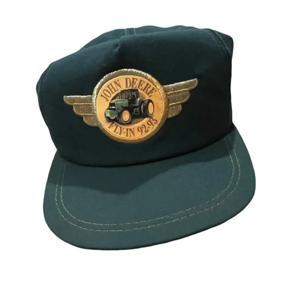 Vintage JOHN DEERE FLY-IN 92-93 Farmer Trucker Hat Cap golden wing Leather Strap - Picture 3 of 12